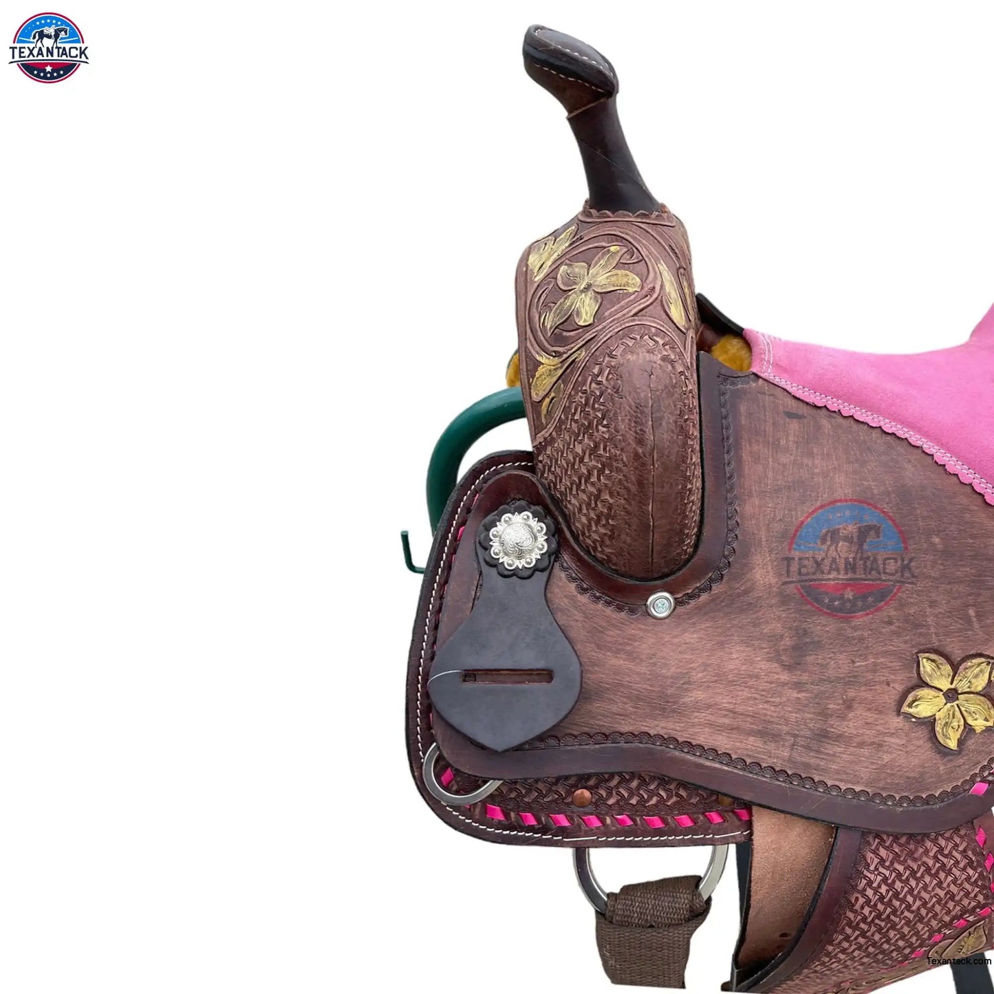 Youth Leather Barrel Racing Saddle: Floral Basket Weave Tooling (10/12/13 inch) TEXANTACK