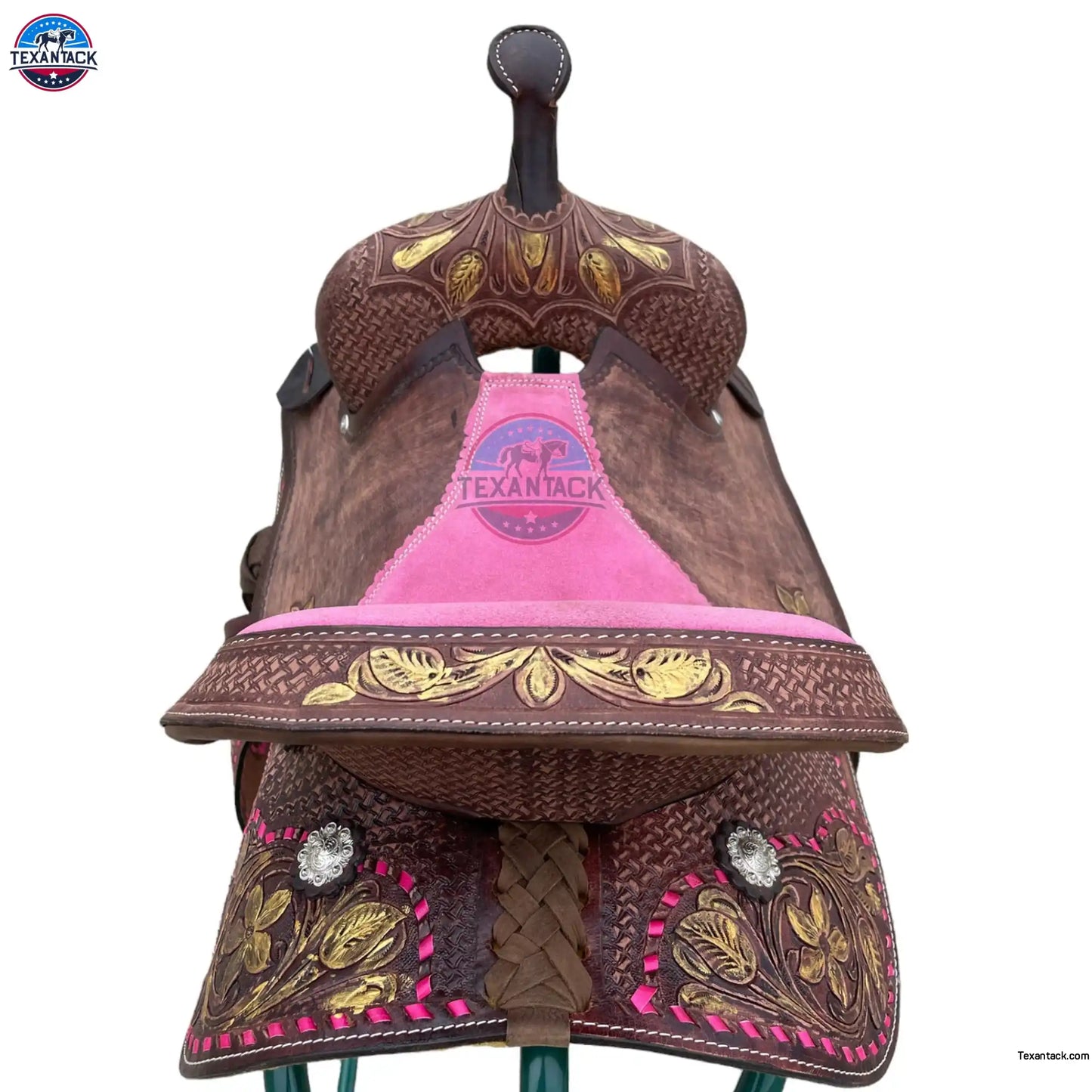 Youth Leather Barrel Racing Saddle: Floral Basket Weave Tooling (10/12/13 inch) TEXANTACK