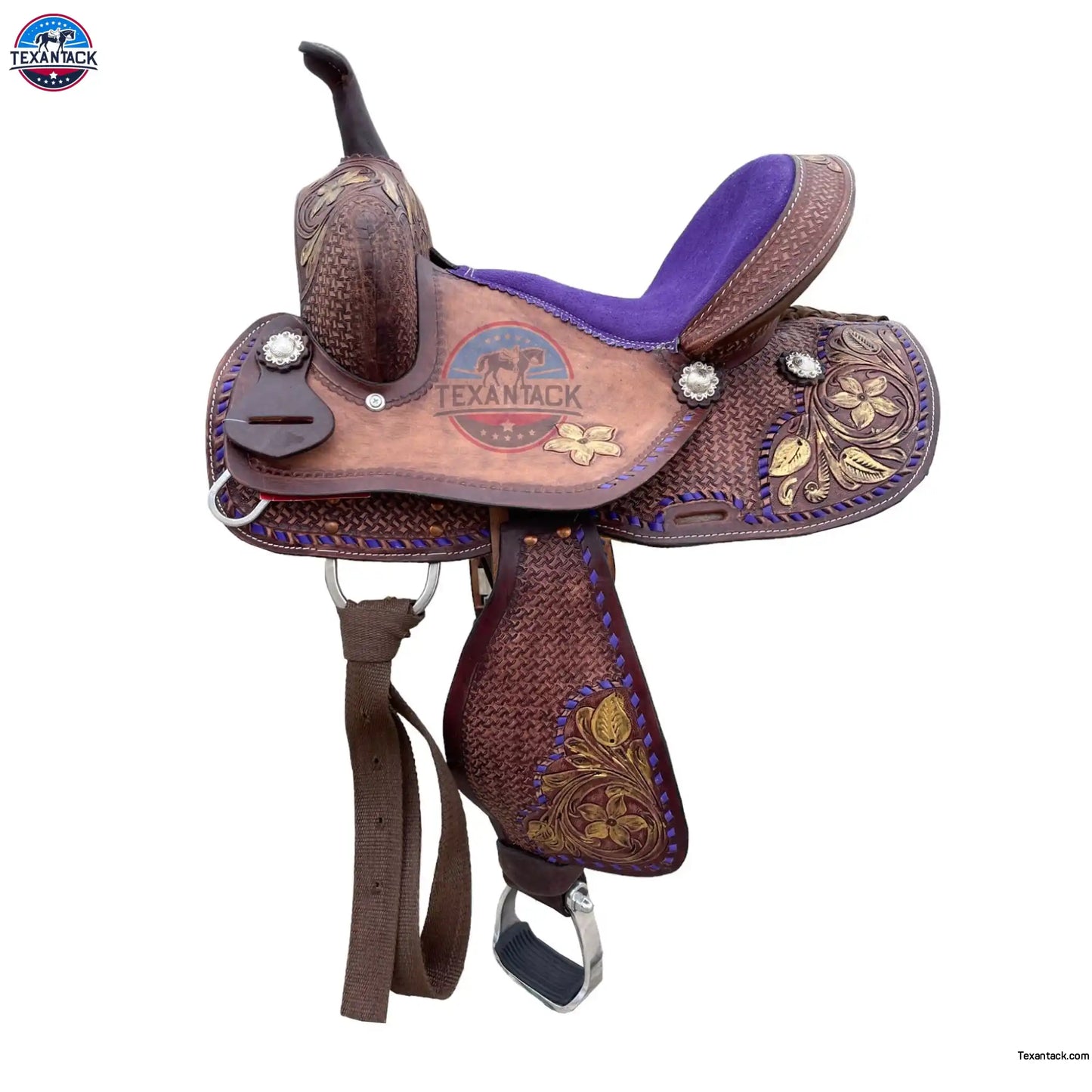 Youth Leather Barrel Racing Saddle: Floral Basket Weave Tooling (10/12/13 inch) TEXANTACK