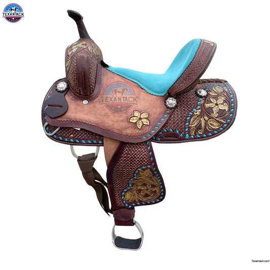 Youth Leather Barrel Racing Saddle: Floral Basket Weave Tooling (10/12/13 inch) TEXANTACK