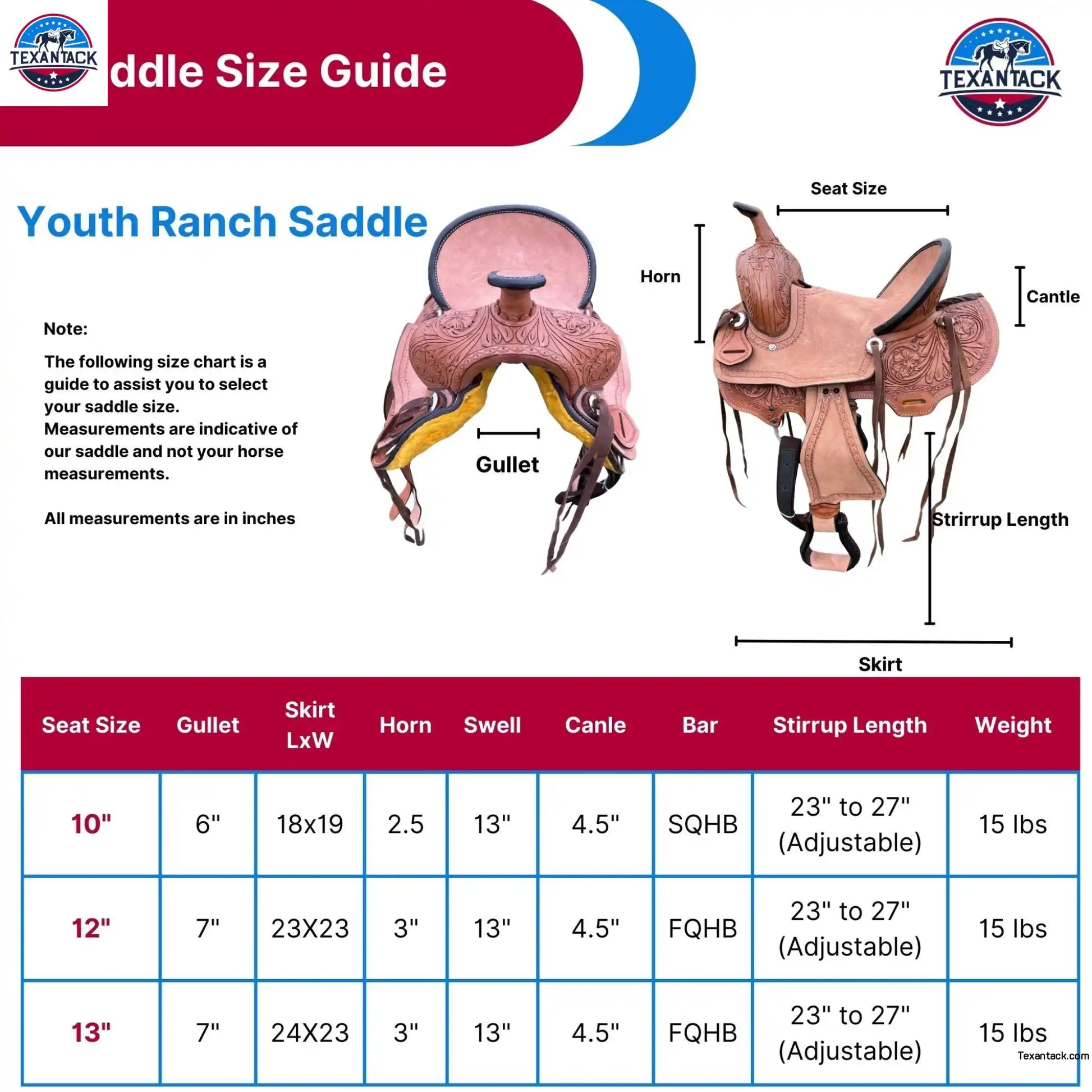 Youth Leather Pony Saddle: Western Kids Ranch Saddle (10"-13") TEXANTACK
