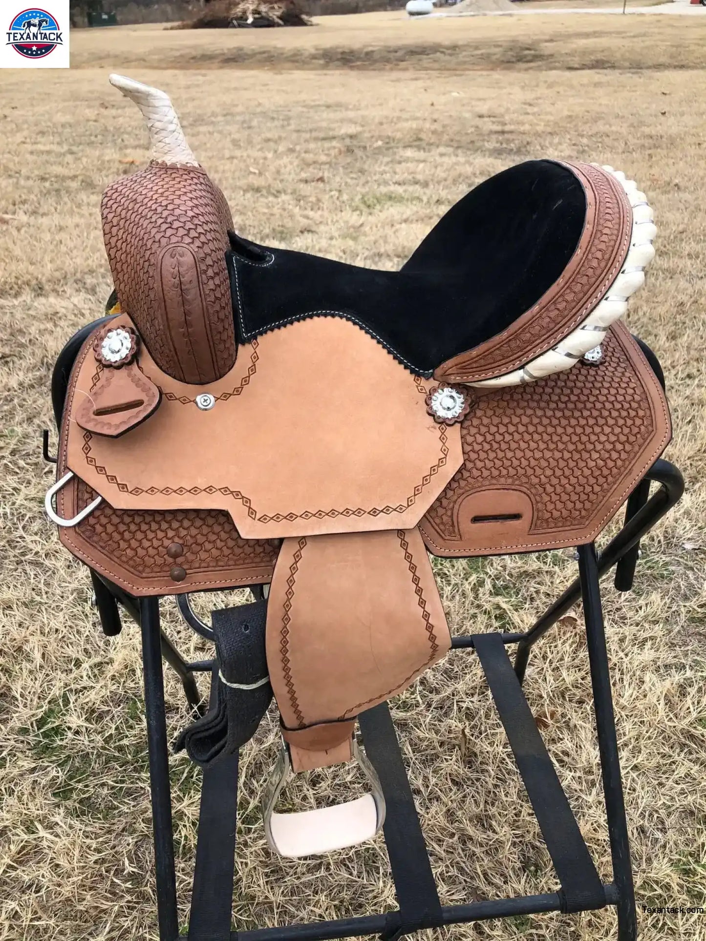 Kids Western Horse Barrel Saddle - 10"12"13" - Basket Weave with Rawhide Cantle - NewEngland Tack