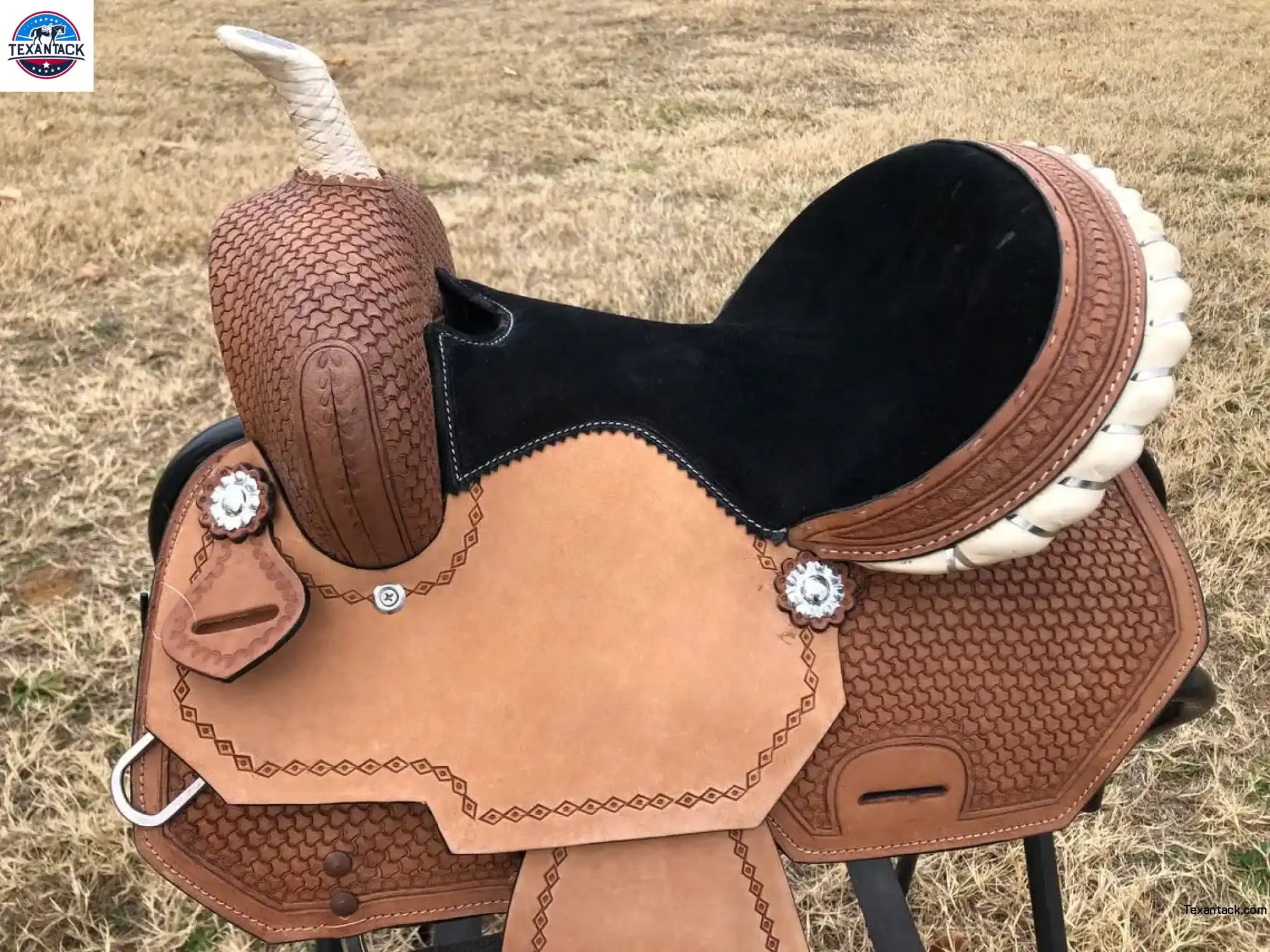 Kids Western Horse Barrel Saddle - 10"12"13" - Basket Weave with Rawhide Cantle - NewEngland Tack
