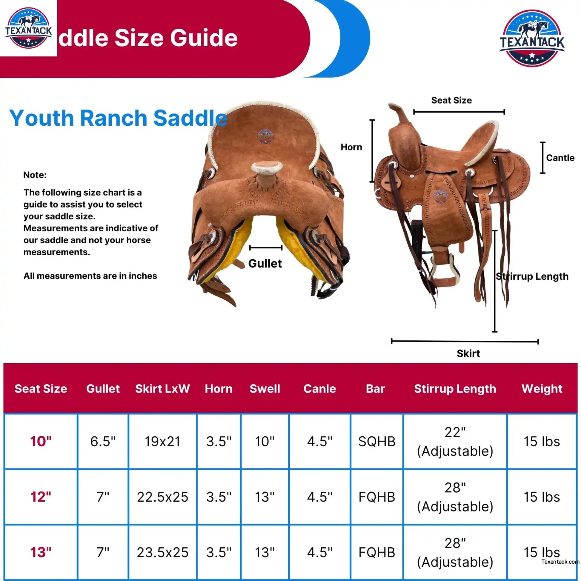 Youth Western Saddle: Genuine Leather Ranch Saddle with Serpentine Tooling TEXANTACK